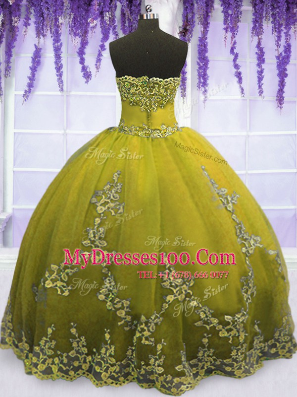 Floor Length Zipper Sweet 16 Dress Olive Green for Military Ball and Sweet 16 and Quinceanera with Appliques