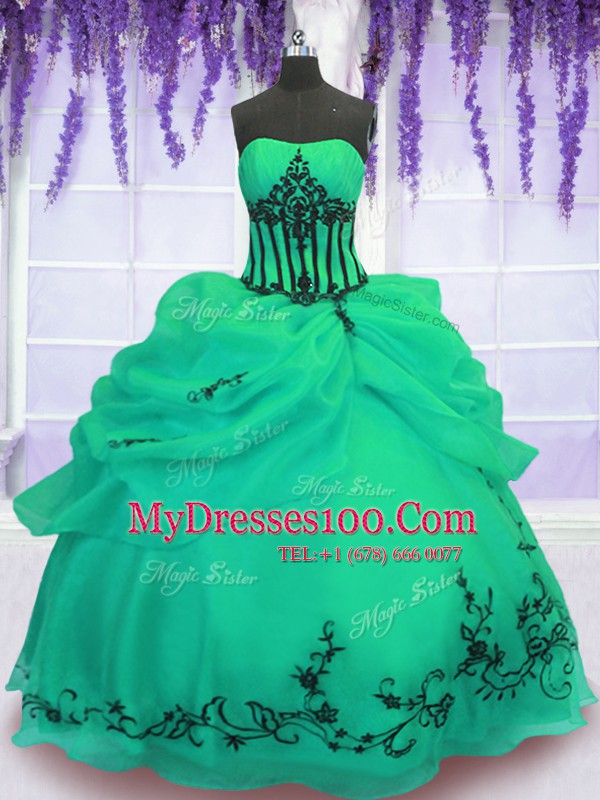Decent Green Ball Gowns Organza Strapless Sleeveless Embroidery Floor Length Lace Up 15th Birthday Dress