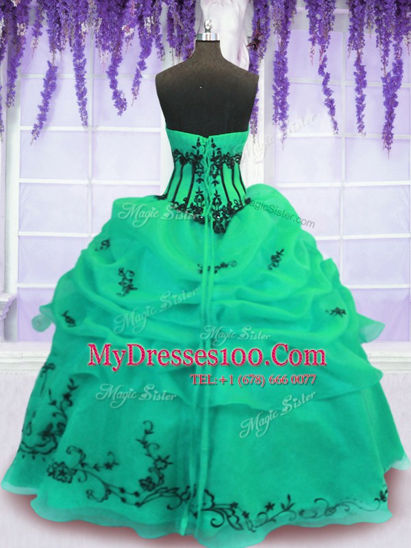 Decent Green Ball Gowns Organza Strapless Sleeveless Embroidery Floor Length Lace Up 15th Birthday Dress