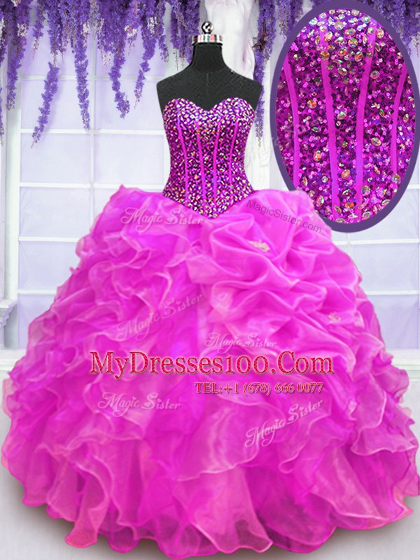 Simple Fuchsia Sleeveless Floor Length Beading and Ruffles Lace Up Quinceanera Gown