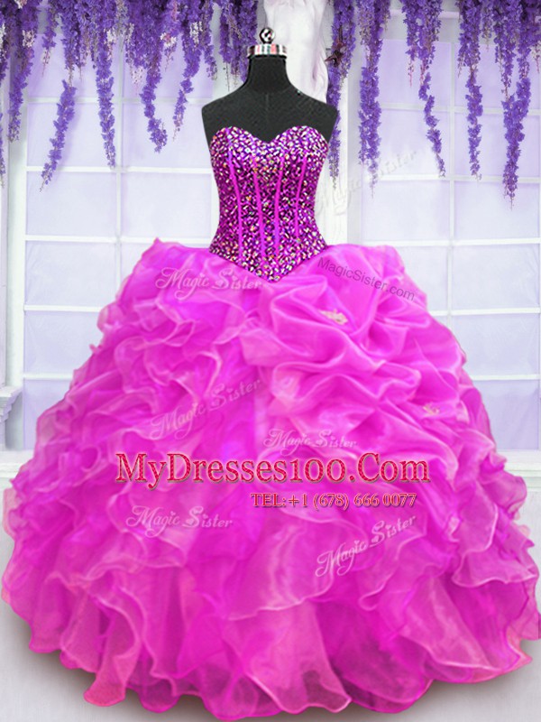 Simple Fuchsia Sleeveless Floor Length Beading and Ruffles Lace Up Quinceanera Gown