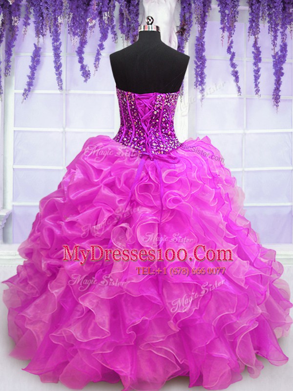 Simple Fuchsia Sleeveless Floor Length Beading and Ruffles Lace Up Quinceanera Gown