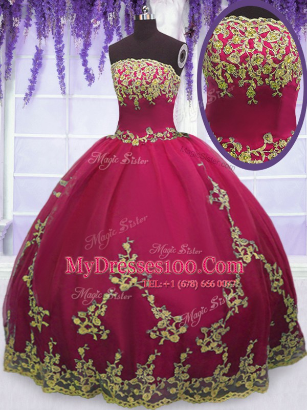 Ball Gowns Quinceanera Dresses Fuchsia Strapless Tulle Sleeveless Floor Length Zipper