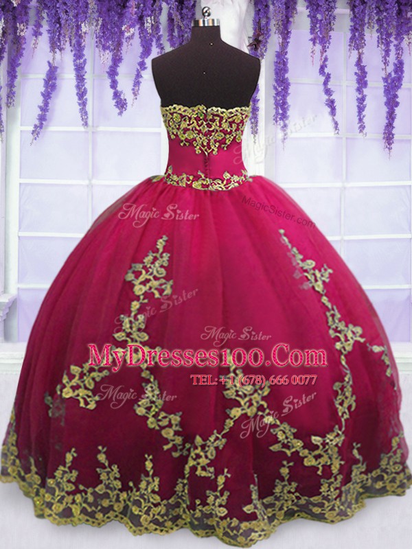 Ball Gowns Quinceanera Dresses Fuchsia Strapless Tulle Sleeveless Floor Length Zipper