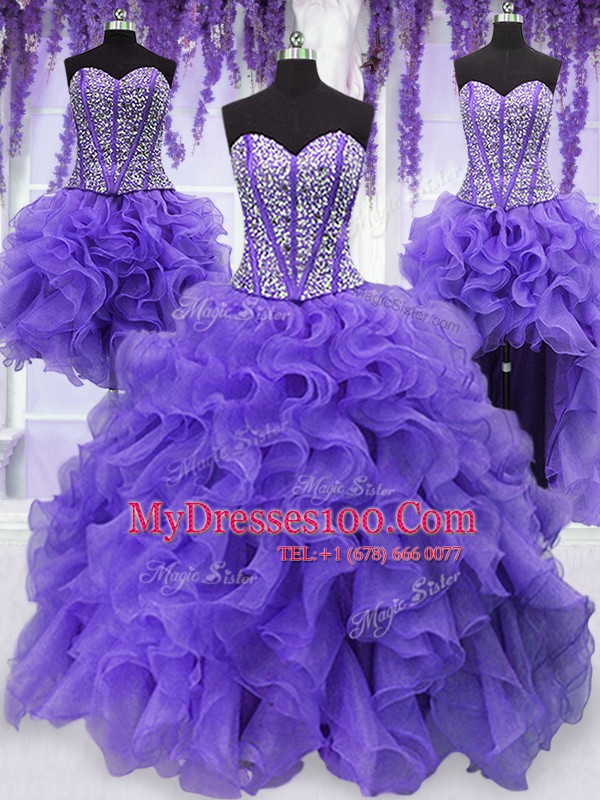 Dazzling Four Piece Lavender Sleeveless Floor Length Embroidery and Ruffles and Ruffled Layers and Sashes ribbons Lace Up Quinceanera Gowns