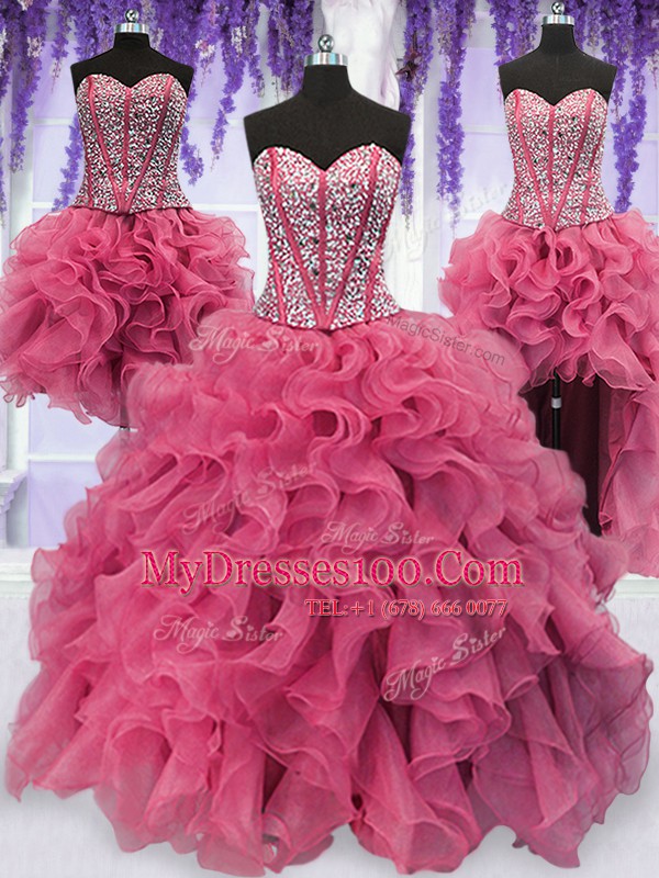 Four Piece Pink Organza Lace Up Quinceanera Dress Sleeveless Floor Length Ruffled Layers and Sequins