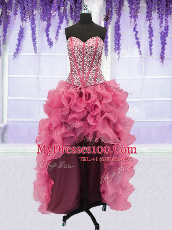 Four Piece Pink Organza Lace Up Quinceanera Dress Sleeveless Floor Length Ruffled Layers and Sequins