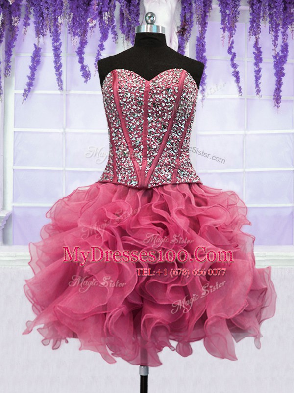 Four Piece Pink Organza Lace Up Quinceanera Dress Sleeveless Floor Length Ruffled Layers and Sequins