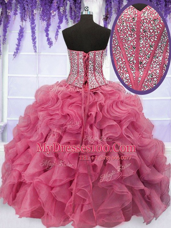 Four Piece Pink Organza Lace Up Quinceanera Dress Sleeveless Floor Length Ruffled Layers and Sequins