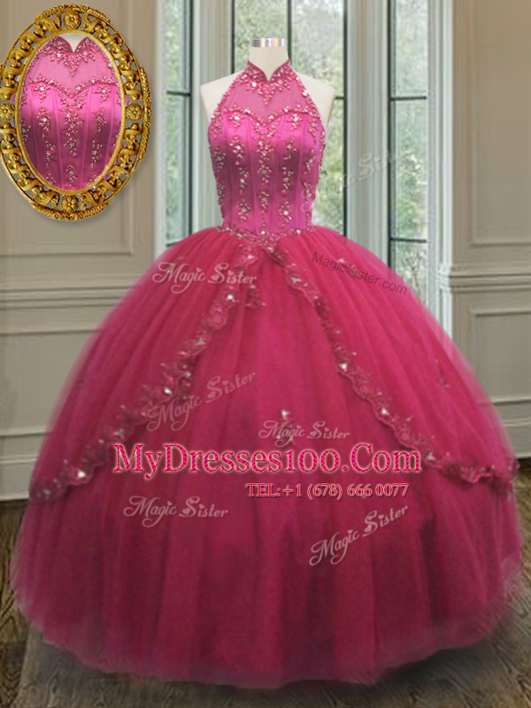 Halter Top Sleeveless Quince Ball Gowns Floor Length Beading and Appliques Hot Pink Tulle