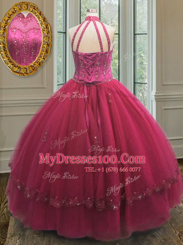 Halter Top Sleeveless Quince Ball Gowns Floor Length Beading and Appliques Hot Pink Tulle