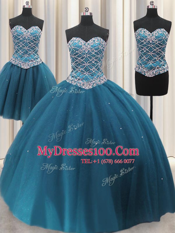 Three Piece Floor Length Lace Up Sweet 16 Dresses Teal for Military Ball and Sweet 16 and Quinceanera with Beading and Ruffles