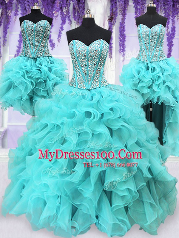 Custom Fit Four Piece Aqua Blue Sweet 16 Dresses Military Ball and Sweet 16 and Quinceanera and For with Ruffles and Sequins Sweetheart Sleeveless Lace Up