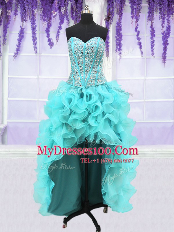 Custom Fit Four Piece Aqua Blue Sweet 16 Dresses Military Ball and Sweet 16 and Quinceanera and For with Ruffles and Sequins Sweetheart Sleeveless Lace Up