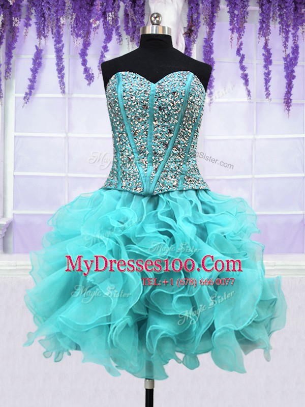 Custom Fit Four Piece Aqua Blue Sweet 16 Dresses Military Ball and Sweet 16 and Quinceanera and For with Ruffles and Sequins Sweetheart Sleeveless Lace Up
