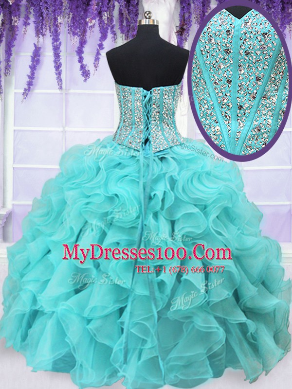 Custom Fit Four Piece Aqua Blue Sweet 16 Dresses Military Ball and Sweet 16 and Quinceanera and For with Ruffles and Sequins Sweetheart Sleeveless Lace Up