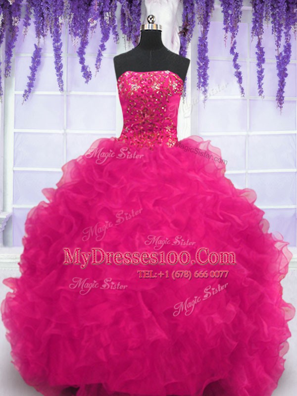 Pretty Fuchsia Quinceanera Dresses Military Ball and Sweet 16 and Quinceanera and For with Beading and Ruffles Strapless Sleeveless Brush Train Lace Up