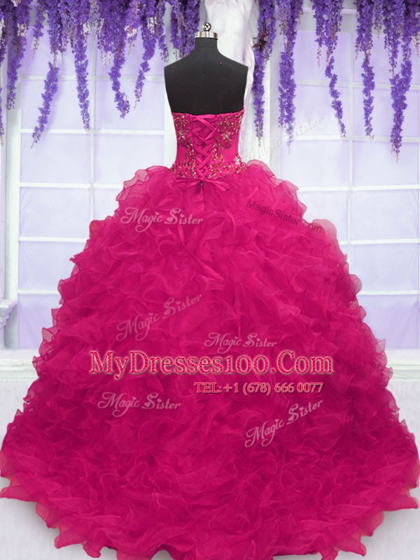 Pretty Fuchsia Quinceanera Dresses Military Ball and Sweet 16 and Quinceanera and For with Beading and Ruffles Strapless Sleeveless Brush Train Lace Up