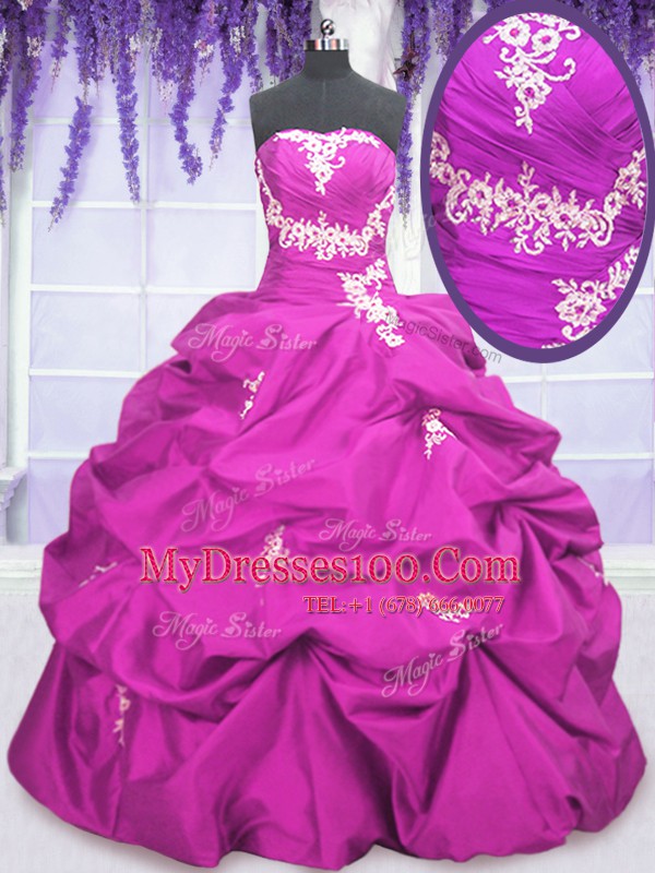 Floor Length Fuchsia Quinceanera Dress Taffeta Sleeveless Appliques and Pick Ups