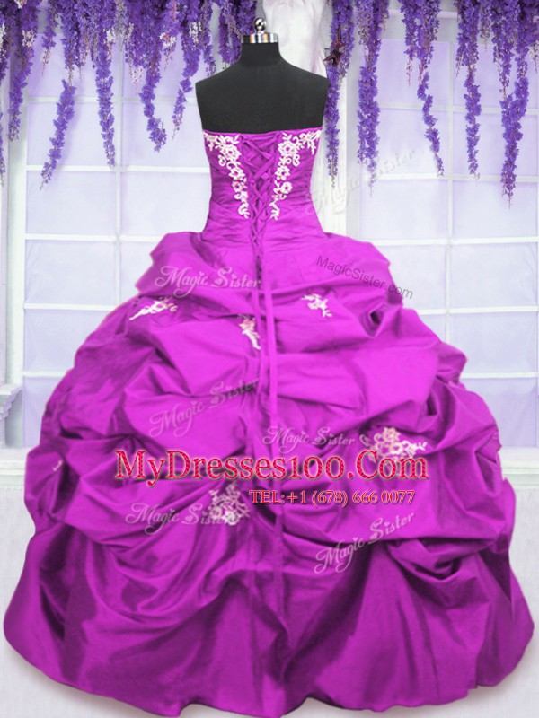 Floor Length Fuchsia Quinceanera Dress Taffeta Sleeveless Appliques and Pick Ups