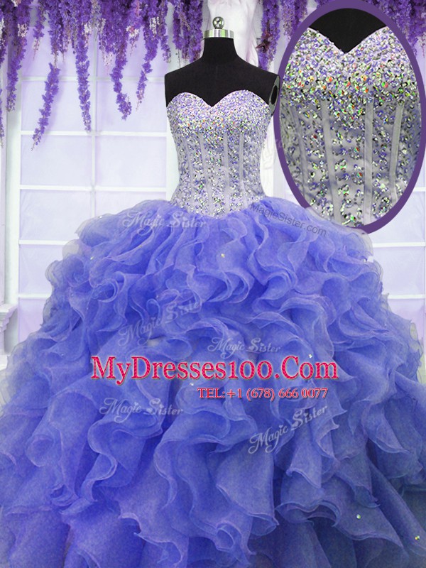 Shining Organza Sleeveless Floor Length Sweet 16 Quinceanera Dress and Ruffles and Sequins