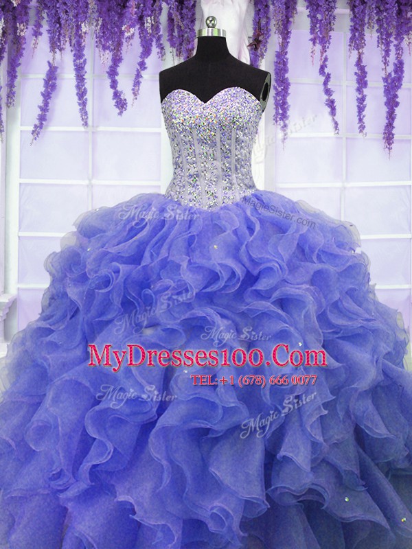 Shining Organza Sleeveless Floor Length Sweet 16 Quinceanera Dress and Ruffles and Sequins