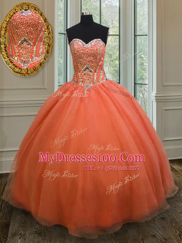 Orange Red Ball Gowns Sequins 15 Quinceanera Dress Lace Up Organza Sleeveless Floor Length