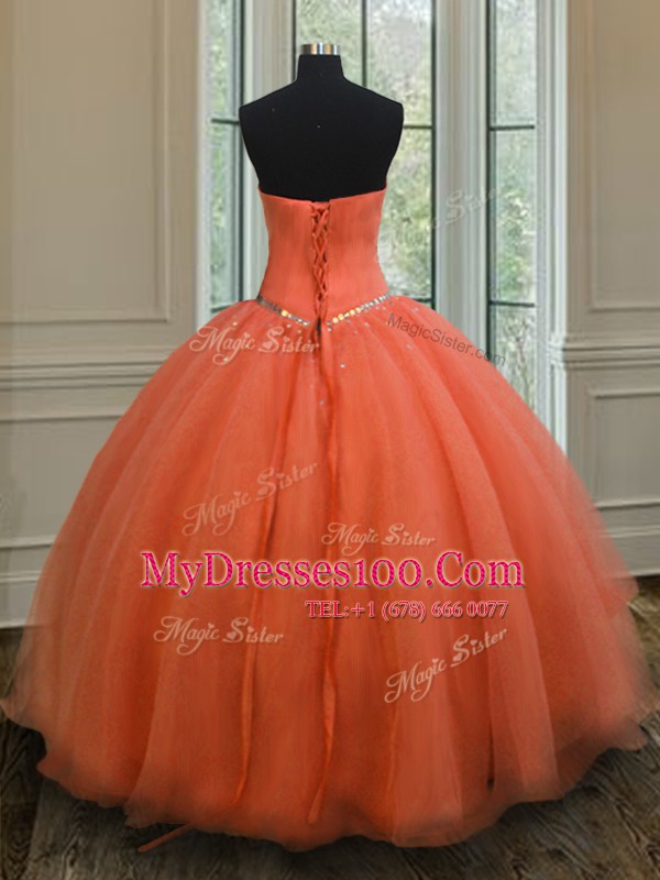 Orange Red Ball Gowns Sequins 15 Quinceanera Dress Lace Up Organza Sleeveless Floor Length