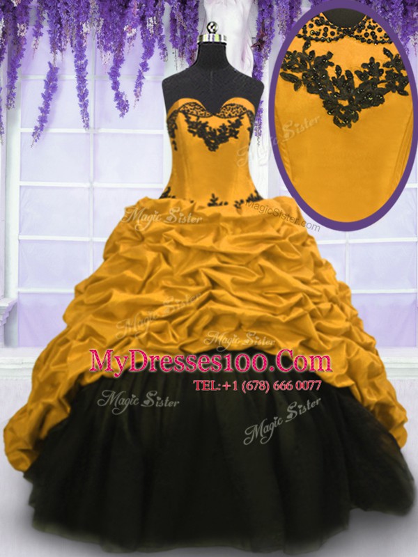 Attractive Gold Sweetheart Lace Up Appliques and Pick Ups Sweet 16 Quinceanera Dress Sweep Train Sleeveless