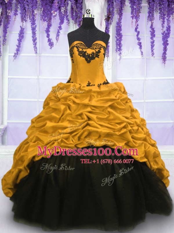 Attractive Gold Sweetheart Lace Up Appliques and Pick Ups Sweet 16 Quinceanera Dress Sweep Train Sleeveless