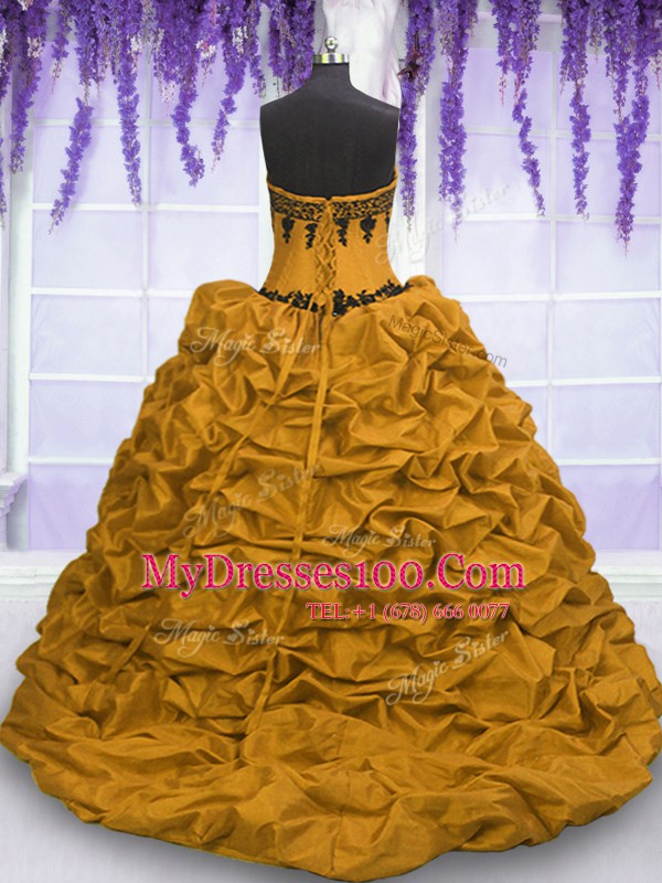 Attractive Gold Sweetheart Lace Up Appliques and Pick Ups Sweet 16 Quinceanera Dress Sweep Train Sleeveless
