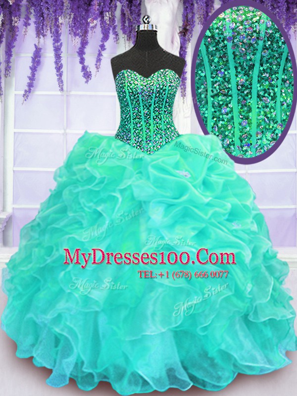 Cute Beading and Ruffles 15th Birthday Dress Turquoise Lace Up Sleeveless Floor Length