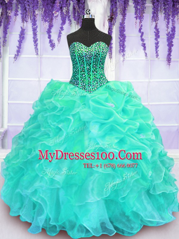 Cute Beading and Ruffles 15th Birthday Dress Turquoise Lace Up Sleeveless Floor Length