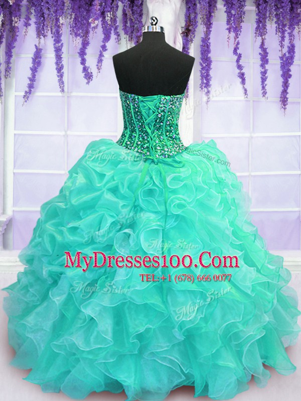 Cute Beading and Ruffles 15th Birthday Dress Turquoise Lace Up Sleeveless Floor Length