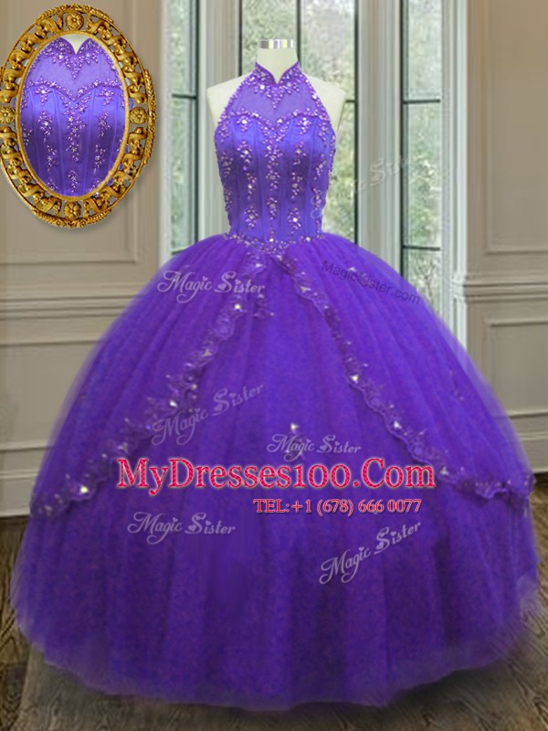 Super Sleeveless Lace Up Floor Length Beading and Appliques Sweet 16 Dress