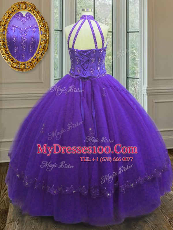 Super Sleeveless Lace Up Floor Length Beading and Appliques Sweet 16 Dress