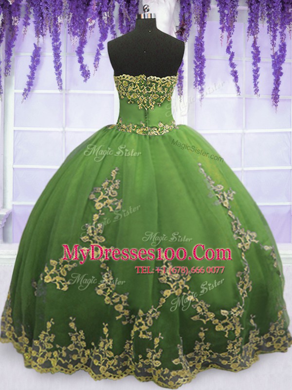 Sleeveless Tulle Floor Length Zipper 15 Quinceanera Dress in Olive Green with Appliques