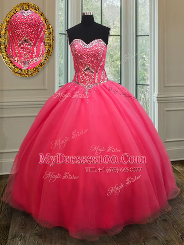 Cute Coral Red Ball Gowns Beading Sweet 16 Dresses Lace Up Organza Sleeveless Floor Length