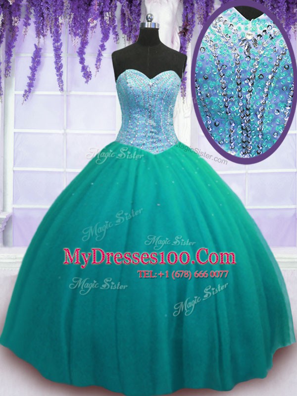 Dynamic Floor Length Lace Up Quinceanera Dress Turquoise for Military Ball and Sweet 16 and Quinceanera with Beading