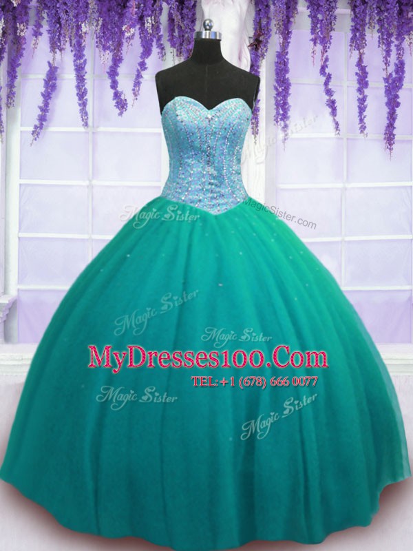 Dynamic Floor Length Lace Up Quinceanera Dress Turquoise for Military Ball and Sweet 16 and Quinceanera with Beading