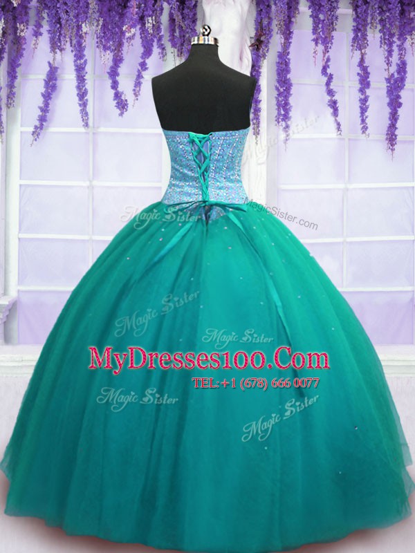 Dynamic Floor Length Lace Up Quinceanera Dress Turquoise for Military Ball and Sweet 16 and Quinceanera with Beading