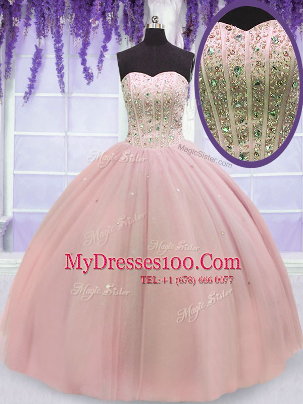 Popular Sweetheart Sleeveless Sweet 16 Quinceanera Dress Floor Length Beading Baby Pink Tulle