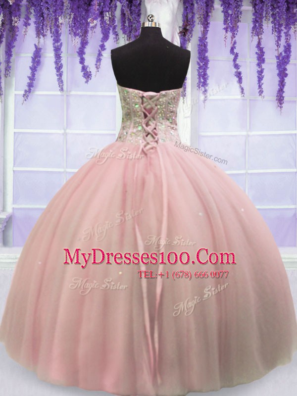 Popular Sweetheart Sleeveless Sweet 16 Quinceanera Dress Floor Length Beading Baby Pink Tulle