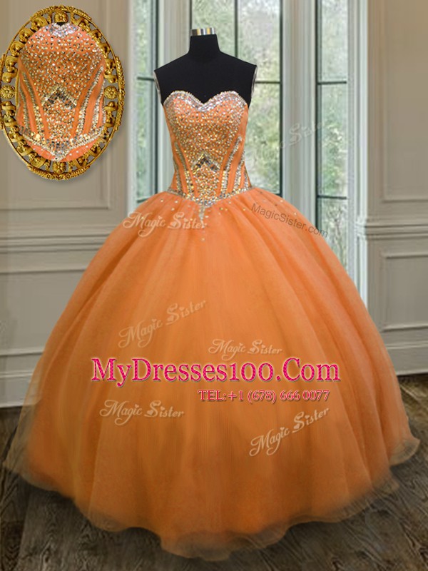 Orange Ball Gowns Beading Quinceanera Dress Lace Up Organza Sleeveless Floor Length