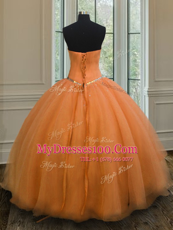 Orange Ball Gowns Beading Quinceanera Dress Lace Up Organza Sleeveless Floor Length