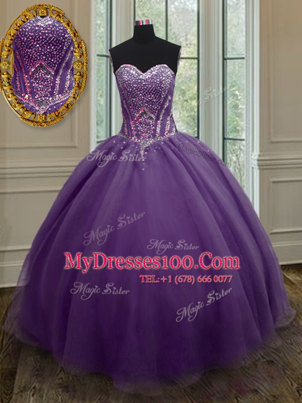Floor Length Purple Quinceanera Dress Organza Sleeveless Beading