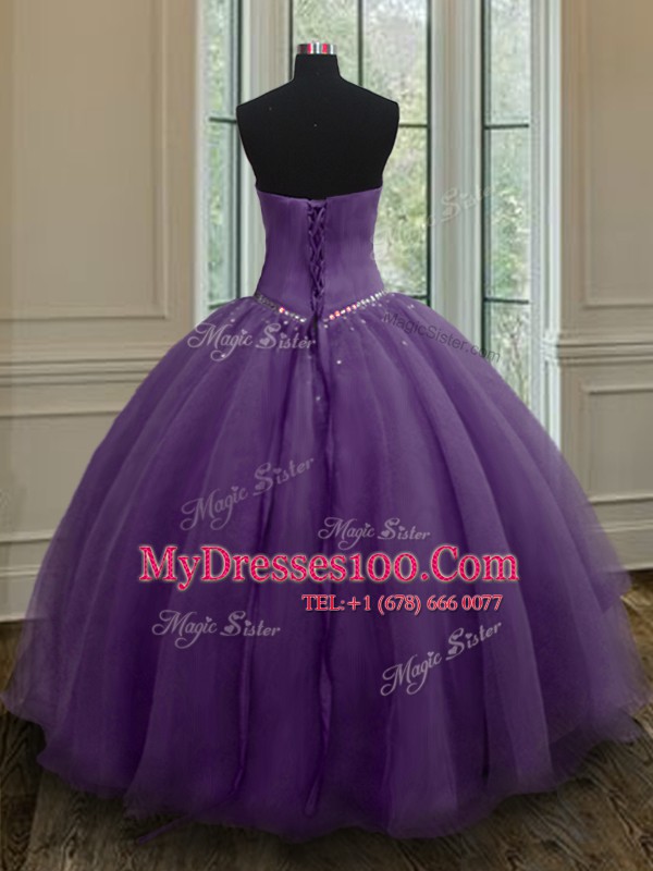 Floor Length Purple Quinceanera Dress Organza Sleeveless Beading