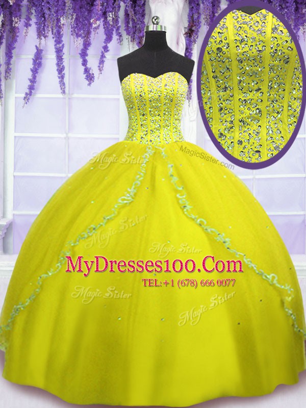 Chic Yellow Green Tulle Lace Up Ball Gown Prom Dress Sleeveless Floor Length Beading