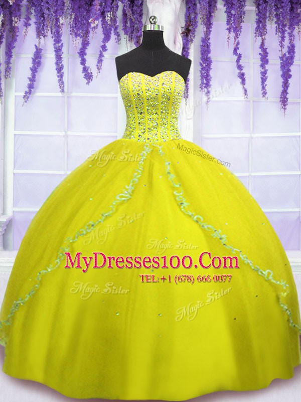 Chic Yellow Green Tulle Lace Up Ball Gown Prom Dress Sleeveless Floor Length Beading