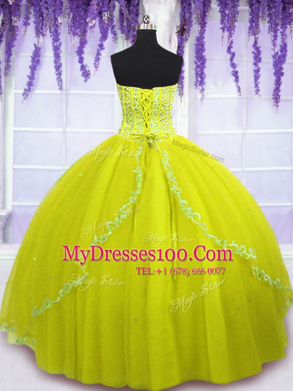 Chic Yellow Green Tulle Lace Up Ball Gown Prom Dress Sleeveless Floor Length Beading